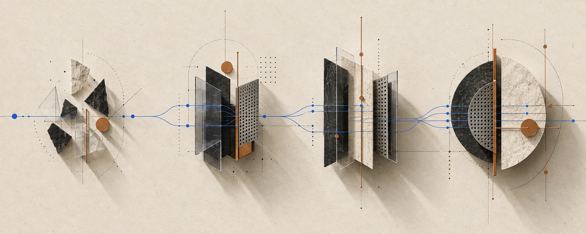 Four architectural assemblies developing from exploratory fragments into a resolved system