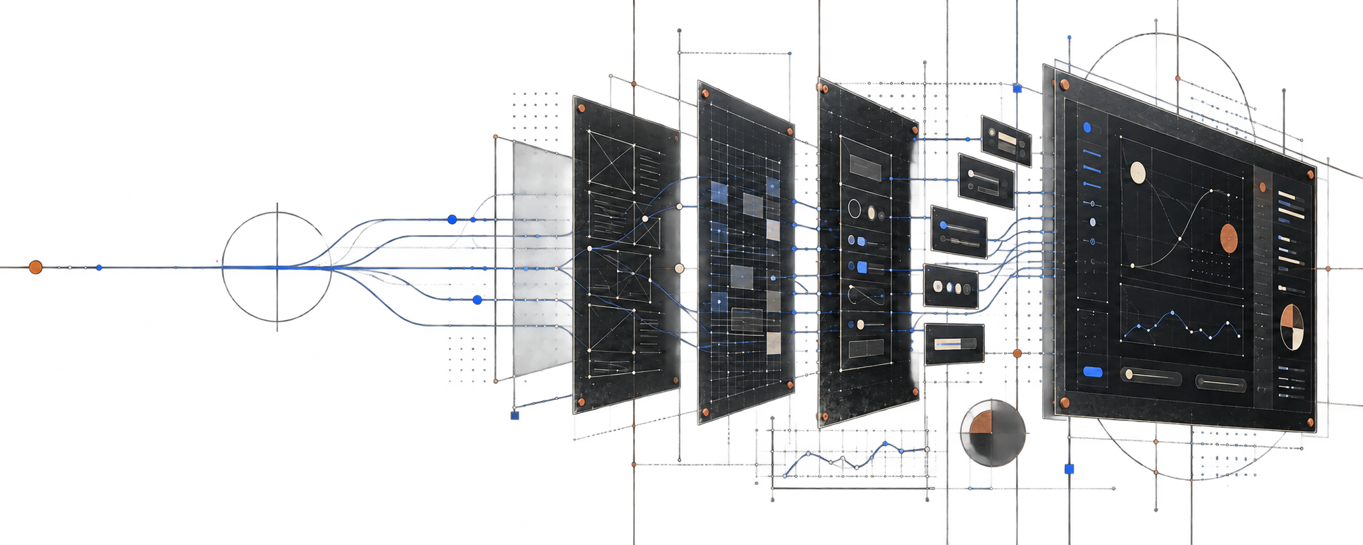 An exploded software product blueprint progressing from wireframes through a component system to a refined interface