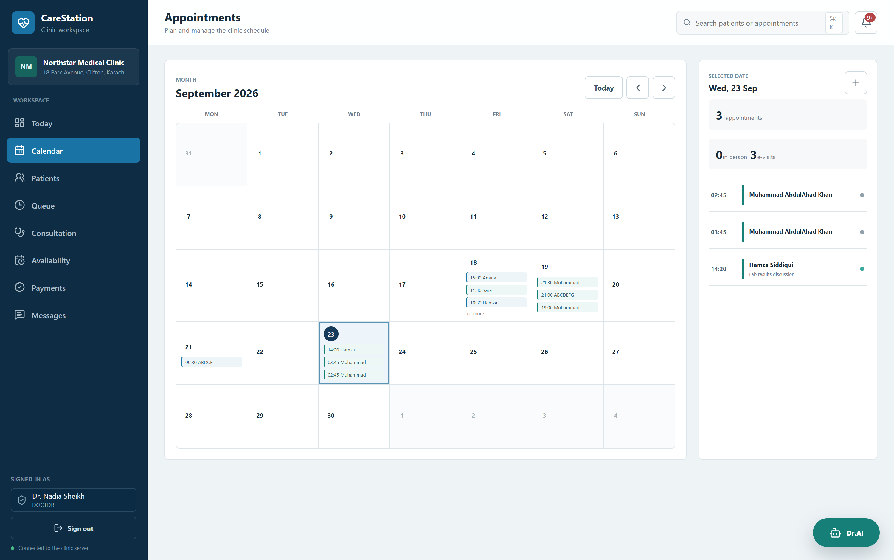 Calendar across doctors and consultation types