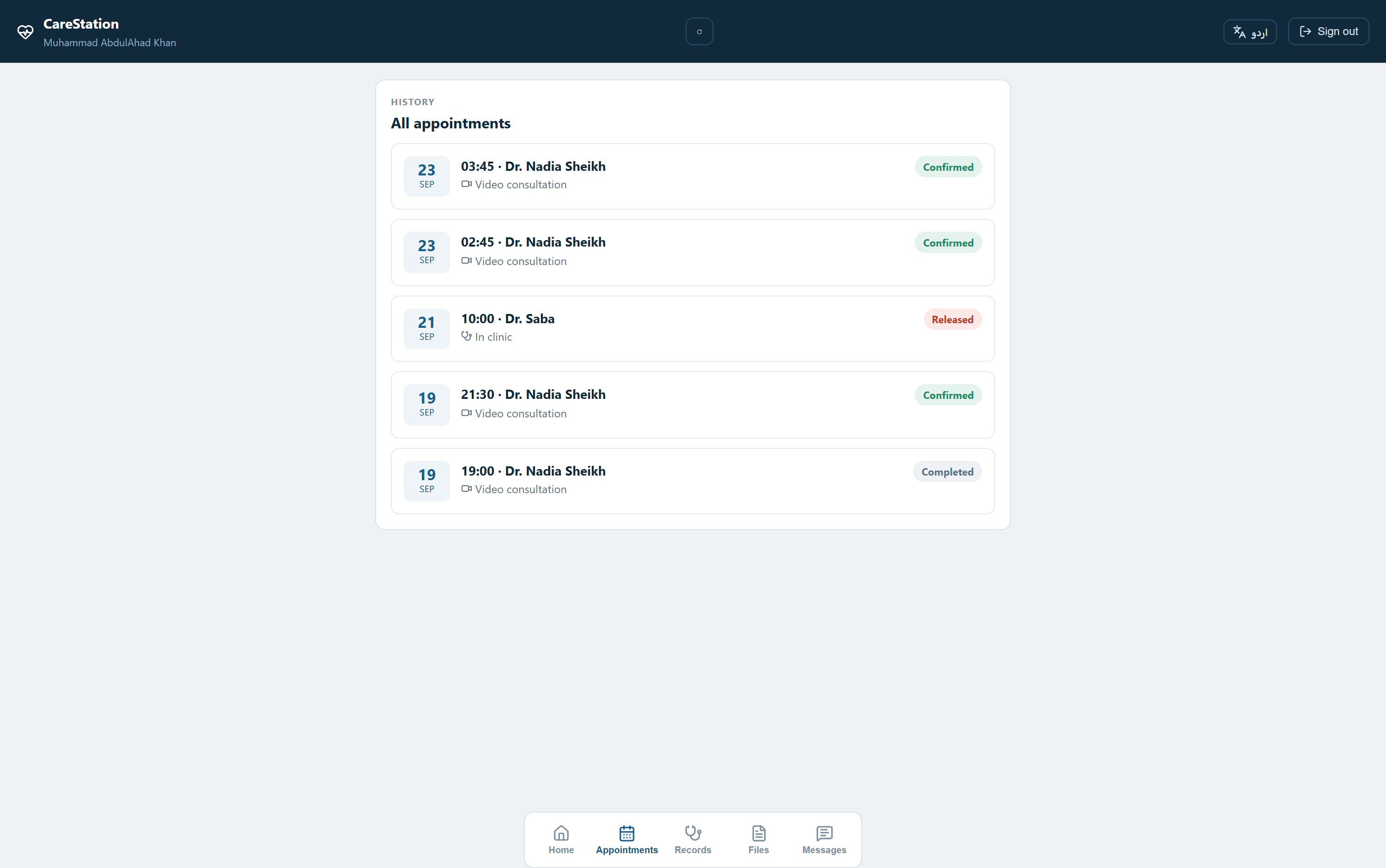 Appointment history with status